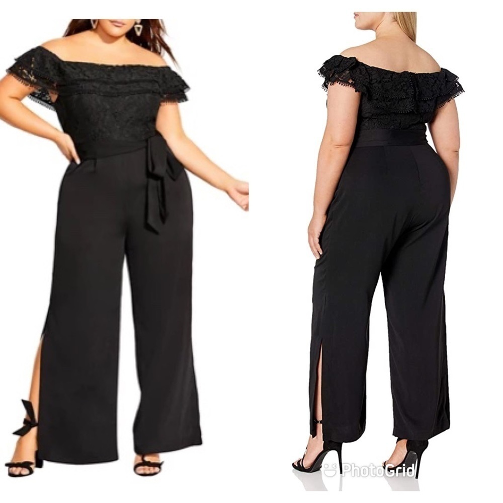 City Chic Jumpsuit Venice Love Lace Black Floral Off the Shoulder Sz 22